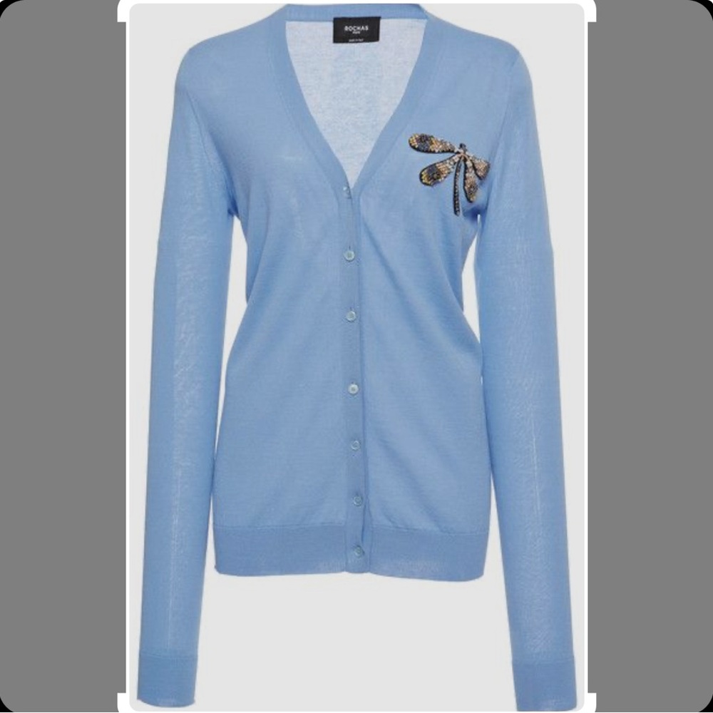 ROCHAS CARDIGAN SWEATER SZ 46 | Crystal Dragonfly | Pale Blue